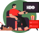 Ilustração homem sentado assistindo HBO