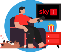 Ilustraçãode pessoa sentada no sofá com controle remoto na mão apontado a uma tv com cachorro dormindo ao lado e balde de pipoca em cima de um móvel 