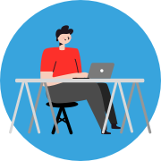 Ilustração de um homem sentado em uma mesa com um notebook aberto. Ilustração de um homem sentado em uma mesa com um notebook aberto.