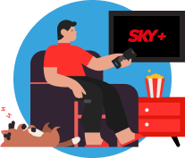 Ilustração de um homem sentado no sofá e apontando o controle remoto para a televisão Ilustração de um homem sentado no sofá e apontando o controle remoto para a televisão